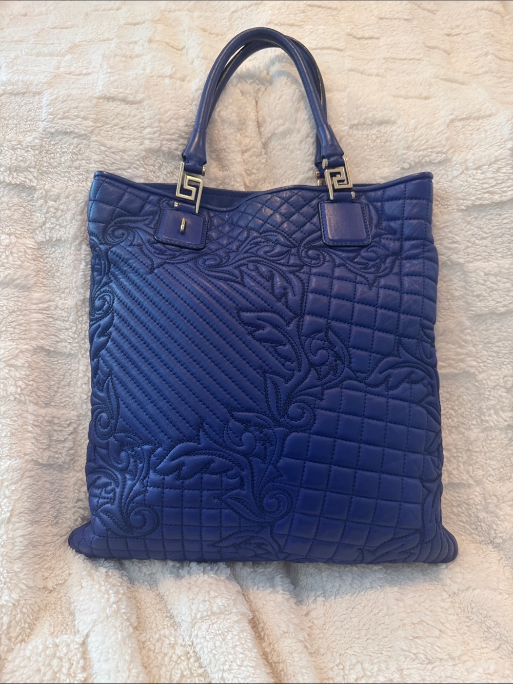Versace Blue Quilted Embossed Leather Tote with Greek Key Hardware